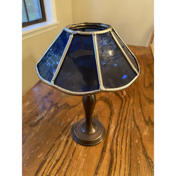 Handmade Stained Glass Blue Tealight Candle Lamp With Brass Base - Picture 2 of 7